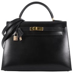 Hermes Kelly Handbag Noir Box Calf with Gold Hardware 32