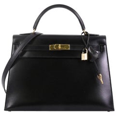 Hermes Kelly Handbag Noir Box Calf with Gold Hardware 32