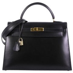 Hermes Kelly Handbag Noir Box Calf with Gold Hardware 32