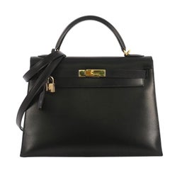 Hermes Kelly Handbag Noir Box Calf with Gold Hardware 32