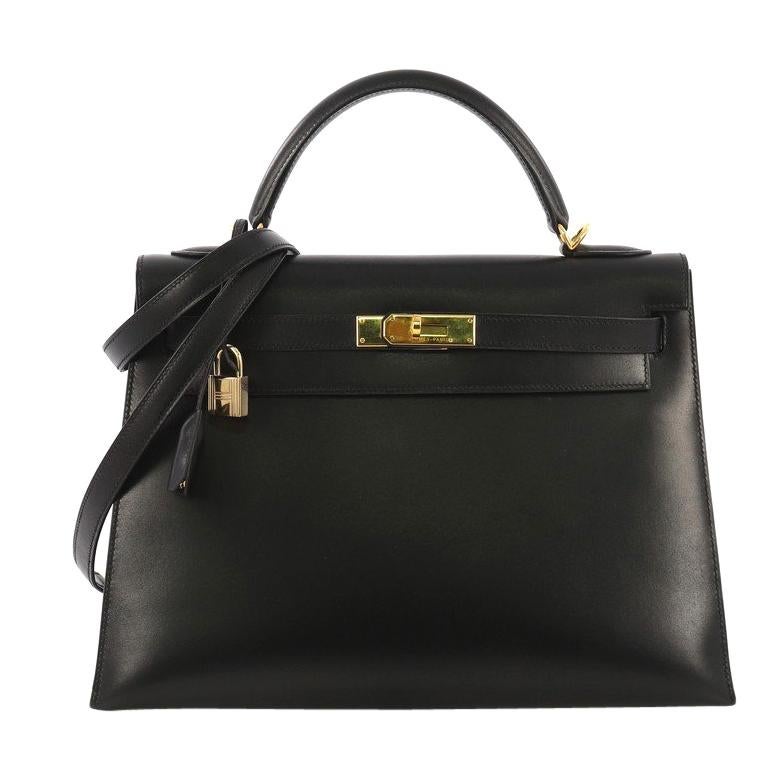 Hermes Kelly Handbag Noir Box Calf with Gold Hardware 32 For Sale at ...