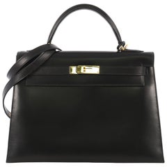 Hermes Kelly Handbag Noir Box Calf with Gold Hardware 32