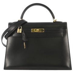Hermes Kelly Handbag Noir Box Calf with Gold Hardware 32