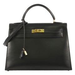 Hermes Kelly Handbag Noir Box Calf With Gold Hardware 32