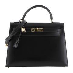 Hermes Kelly Handbag Noir Box Calf with Gold Hardware 32