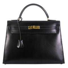 Hermes Kelly Handbag Noir Box Calf With Gold Hardware 32 Hermes Kelly Handbag Noir Box Calf With Gold Hardware 32