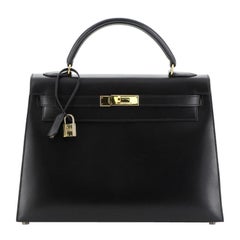 Hermes Kelly Handbag Noir Box Calf with Gold Hardware 32