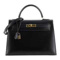 Hermes Kelly Handbag Noir Box Calf with Gold Hardware 32