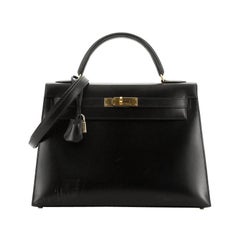 Hermes Kelly Handbag Noir Box Calf with Gold Hardware 32
