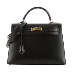 Hermes Kelly Handbag Noir Box Calf With Gold Hardware 32 