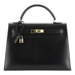 Hermes Kelly Handbag Noir Box Calf with Gold Hardware 32