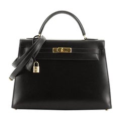 Hermes Kelly Handbag Noir Box Calf With Gold Hardware 32