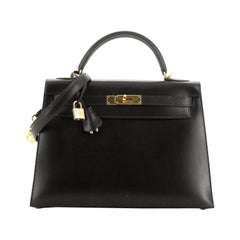 Hermes Kelly Handbag Noir Box Calf With Gold Hardware 32