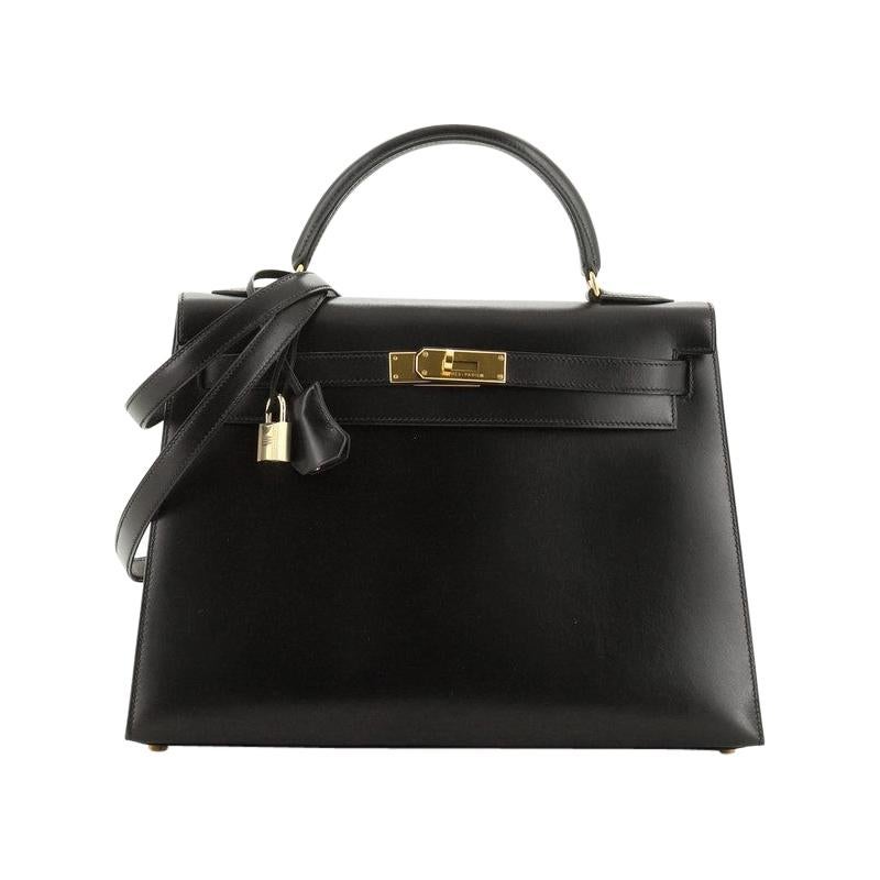 Hermes Kelly Handbag Noir Box Calf with Gold Hardware 32