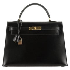 Hermes Kelly Handbag Noir Box Calf with Gold Hardware 32