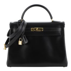 Hermes Kelly Handbag Noir Box Calf With Gold Hardware 32
