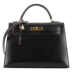 Hermes Kelly Handbag Noir Box Calf with Gold Hardware 32