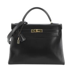 Hermes  Kelly Handbag Noir Box Calf with Gold Hardware 32