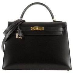 Hermes Kelly Handbag Noir Box Calf with Gold Hardware 32