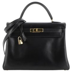 Hermes Kelly Handbag Noir Box Calf with Gold Hardware 32