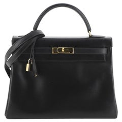 Hermes Kelly Handbag Noir Box Calf with Gold Hardware 32