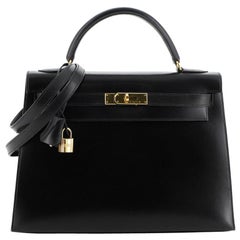 Hermes Kelly Handbag Noir Box Calf with Gold Hardware 32