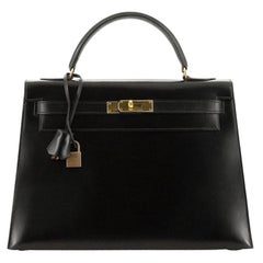 Hermes Kelly Handbag Noir Box Calf with Gold Hardware 32