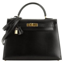 Hermes Kelly Handbag Noir Box Calf with Gold Hardware 32