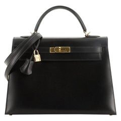 Hermes Kelly Handbag Noir Box Calf with Gold Hardware 32