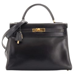 Hermes Kelly Handbag Noir Box Calf with Gold Hardware 32