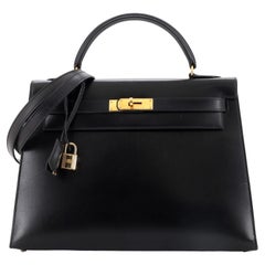 Hermes Kelly Handbag Noir Box Calf with Gold Hardware 32