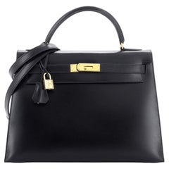 Hermes Kelly Handbag Noir Box Calf with Gold Hardware 32