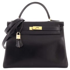 Hermes Kelly Handbag Noir Box Calf with Gold Hardware 32
