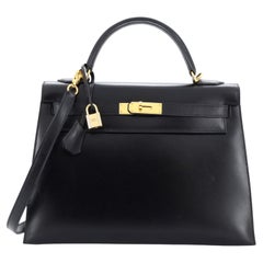 Hermes Kelly Handbag Noir Box Calf with Gold Hardware 32