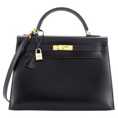 Hermes Kelly Handbag Noir Box Calf with Gold Hardware 32
