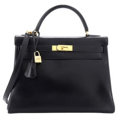 Hermes Kelly Handbag Noir Box Calf with Gold Hardware 32