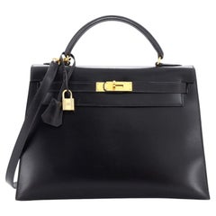 Hermes Kelly Handbag Noir Box Calf with Gold Hardware 32