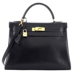 Hermes Kelly Handbag Noir Box Calf with Gold Hardware 32