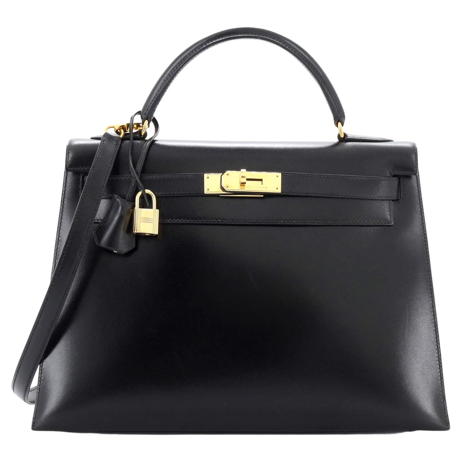 Hermes Kelly Handbag Noir Box Calf with Gold Hardware 32 For Sale