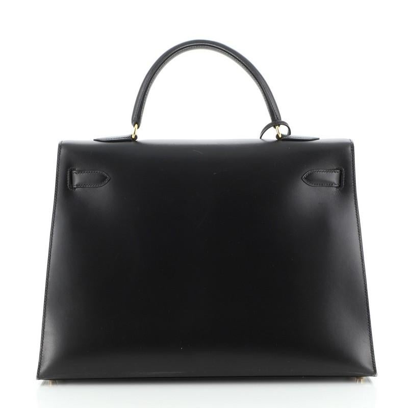 Black Hermes Kelly Handbag Noir Box Calf with Gold Hardware 35