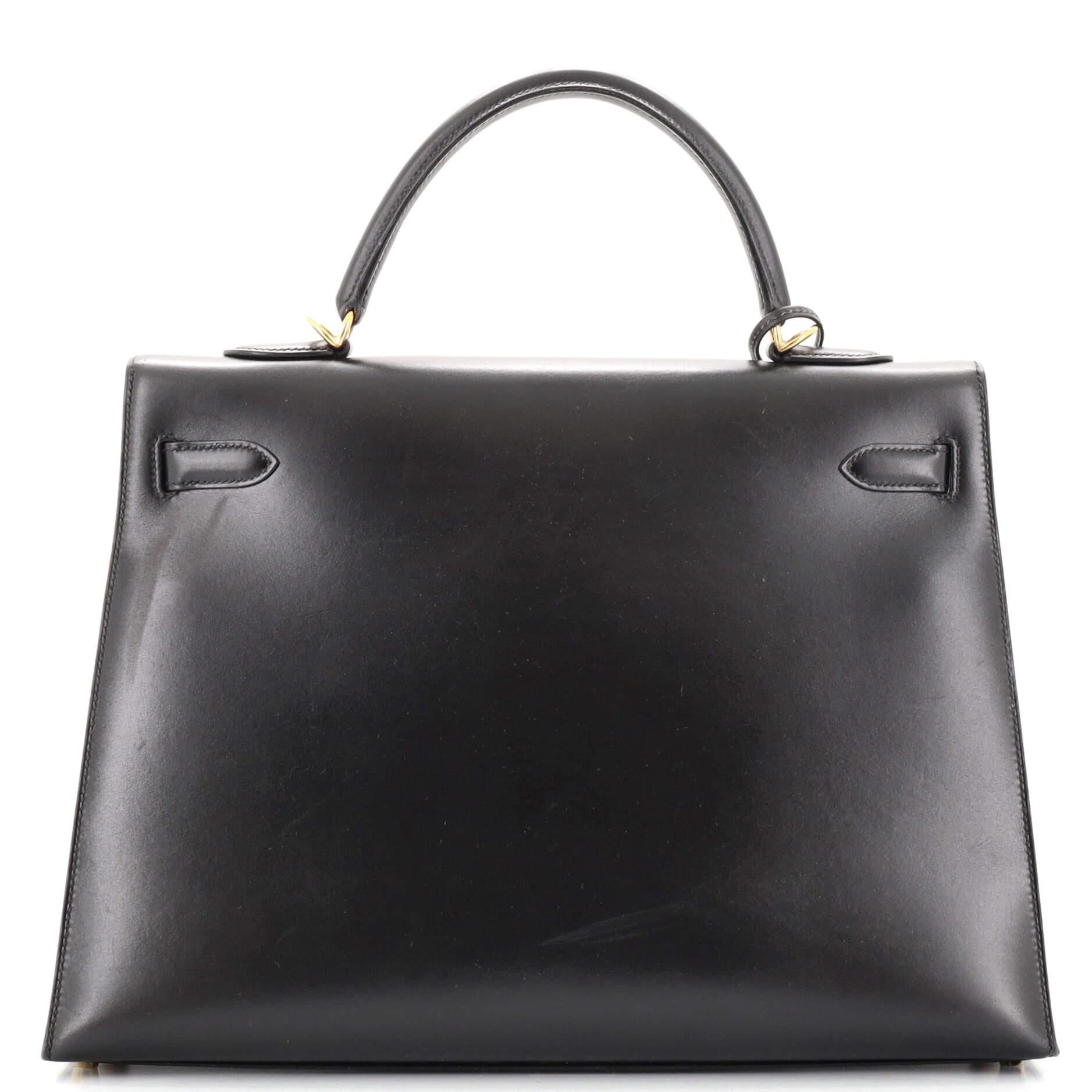 Black Hermes Kelly Handbag Noir Box Calf with Gold Hardware 35