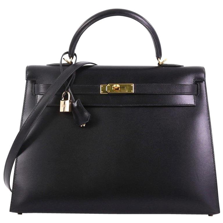 Hermes Kelly Handbag Noir Box Calf with Gold Hardware 35