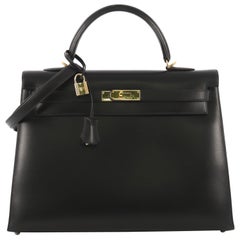 Hermes Kelly Handbag Noir Box Calf with Gold Hardware 35