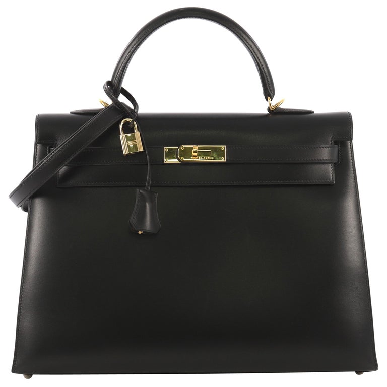 Hermes Kelly Handbag Noir Box Calf with Gold Hardware 35 For Sale at ...