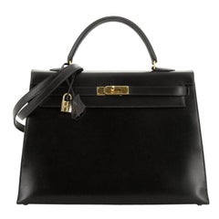 Hermes Kelly Handbag Noir Box Calf with Gold Hardware 35