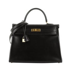 Hermes Kelly Handbag Noir Box Calf with Gold Hardware 35