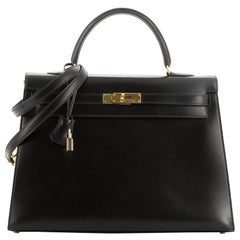 Hermes Kelly Handbag Noir Box Calf with Gold Hardware 35