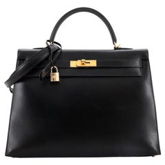 Hermes Kelly Handbag Noir Box Calf with Gold Hardware 35
