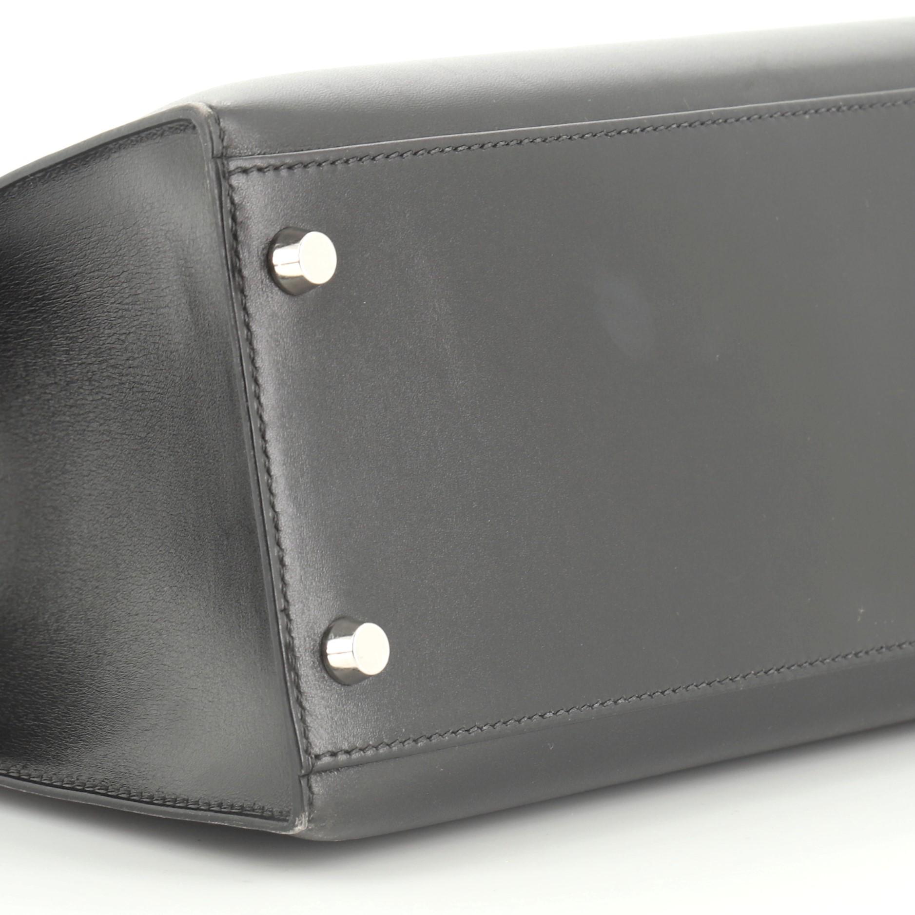 Women's or Men's Hermes Kelly Handbag Noir Box Calf With Guilloche Palladium Hardware 32