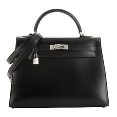 Hermes Kelly Handbag Noir Box Calf With Guilloche Palladium Hardware 32